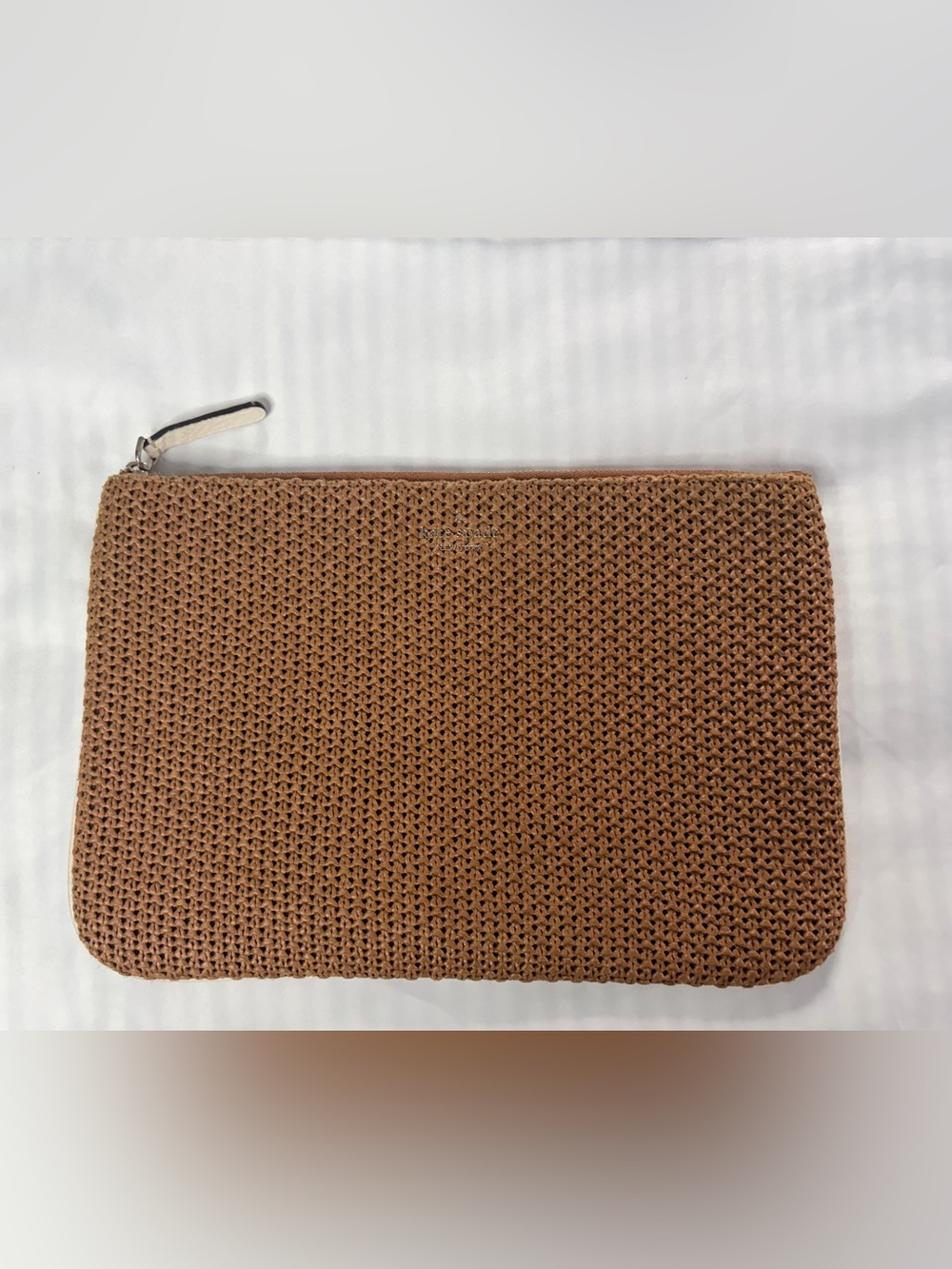 kate spade Woven Zip Pouch in Tan Brown with Cream Accent